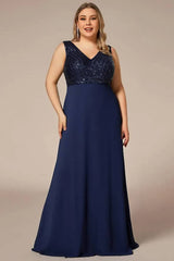 Robe Demoiselle D'Honneur Grande Taille Empire Col En V Bustier Pailleté Sans Manches-Bleu Marine-36