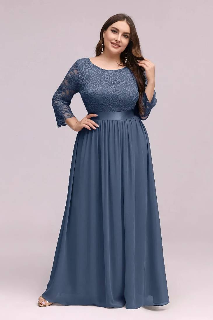 Robe Demoiselle D'Honneur Grande Taille Empire Manches 3/4 Buste