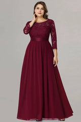 Robe Demoiselle D'Honneur Grande Taille Empire Manches 3/4 Buste En Dentelle-Bordeaux-36