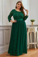 Robe Demoiselle D'Honneur Grande Taille Empire Manches 3/4 Buste En Dentelle-Vert Foncé-36