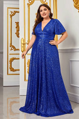 Robe Demoiselle D'Honneur Grande Taille Empire Pailletée Brillante Manches Courtes Encolure En V-