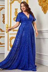 Robe Demoiselle D'Honneur Grande Taille Empire Pailletée Brillante Manches Courtes Encolure En V-