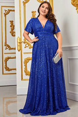 Robe Demoiselle D'Honneur Grande Taille Empire Pailletée Brillante Manches Courtes Encolure En V-Bleu Roi-L (44-46)