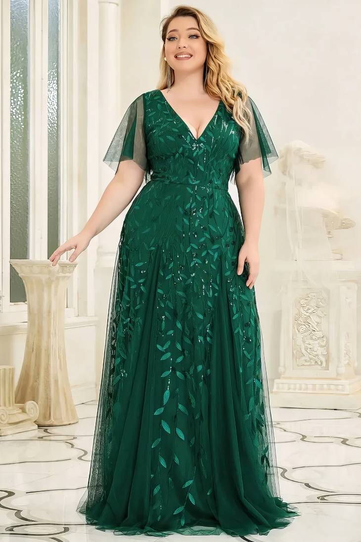 Robe Demoiselle D'Honneur Grande Taille Fleurie Manches En Tulle-Vert Foncé-36