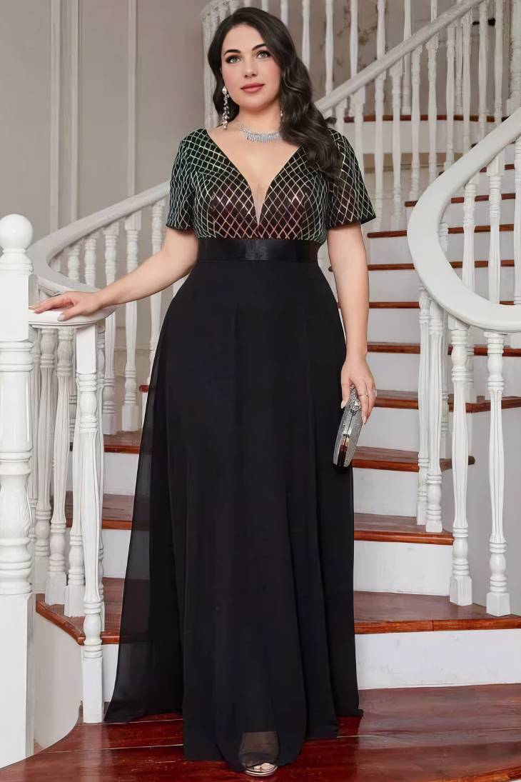 Robe Demoiselle D'Honneur Grande Taille Ligne A Col En V Motifs