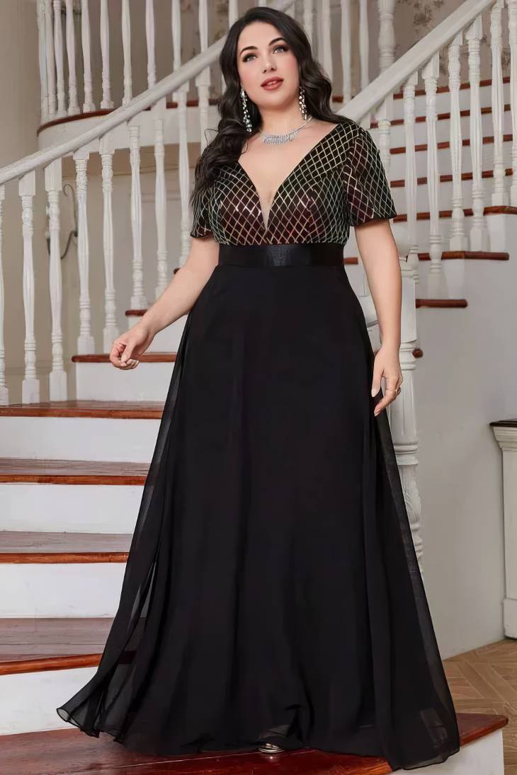 Robe Demoiselle D'Honneur Grande Taille Ligne A Col En V Motifs Géométriques Manches Courtes-