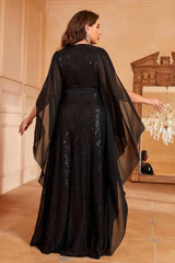 Robe Demoiselle D'Honneur Grande Taille Longue À Sequins Fente Latérale Avec Cape-