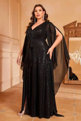 Robe Demoiselle D'Honneur Grande Taille Longue À Sequins Fente Latérale Avec Cape-Noir-L (44-46)