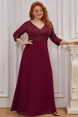 Robe Demoiselle D'Honneur Grande Taille Longue Corsage À Paillettes Manches 3/4 Col En V Ligne A-