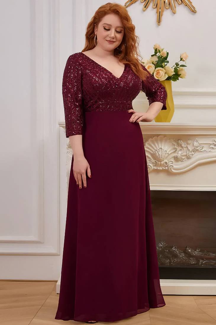 Robe Demoiselle D'Honneur Grande Taille Longue Corsage À Paillettes Manches 3/4 Col En V Ligne A-Bordeaux-36