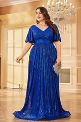 Robe Demoiselle D'Honneur Grande Taille Maxi Empire Plissée Scintillante Col En V Manches Courtes Larges-