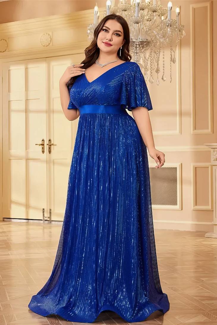 Robe Demoiselle D'Honneur Grande Taille Maxi Empire Plissée Scintillante Col En V Manches Courtes Larges-Bleu Roi-S (36-38)