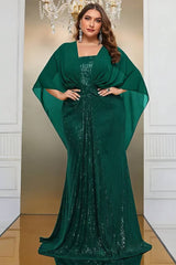 Robe Demoiselle D'Honneur Grande Taille Pailletée Manches Chauve-Souris Col Carré-Vert Émeraude-L (44-46)