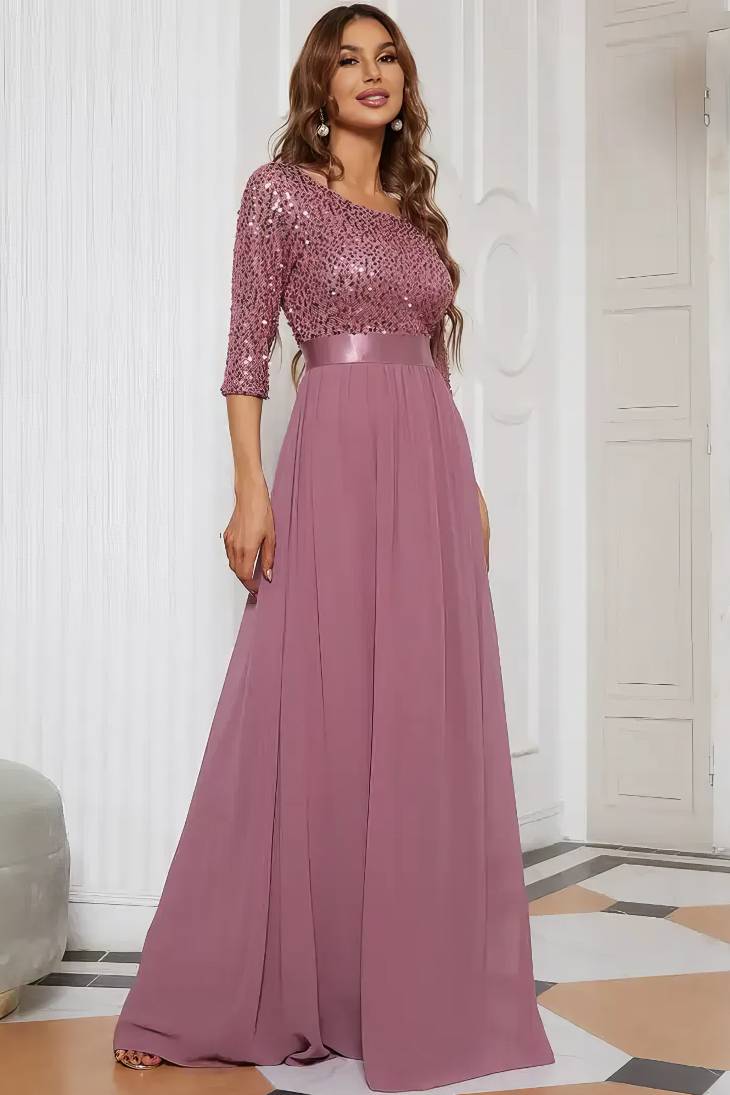 Robe Demoiselle D'Honneur Longue A-Line Buste À Sequins Manches 3/4-Orchidée-44