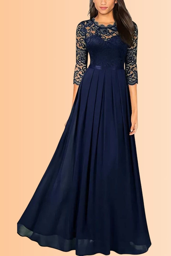 Robe longue fashion dentelle bleu marine