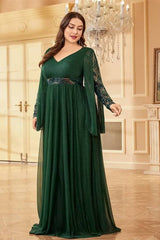 Robe Demoiselle D'Honneur Longue Empire Col En V Manches Longues Pailletée Jupe Ample Vert Forêt-