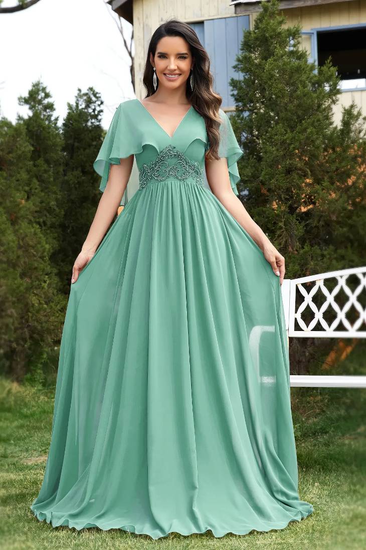Robe Demoiselle D'Honneur Longue En Mousseline De Soie Empire Manches  Courtes Flottantes Col En V Emilia Vert Menthe S (36-38)