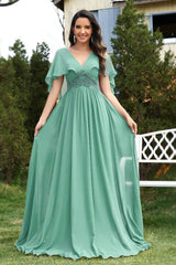 Robe Demoiselle D'Honneur Longue En Mousseline De Soie Empire Manches Courtes Flottantes Col En V-