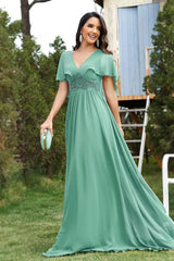 Robe Demoiselle D'Honneur Longue En Mousseline De Soie Empire Manches Courtes Flottantes Col En V-