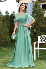 Robe Demoiselle D'Honneur Longue En Mousseline De Soie Empire Manches Courtes Flottantes Col En V-Vert Menthe-S (36-38)