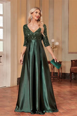 Robe Demoiselle D'Honneur Longue En Satin Col En V Pailleté Manches 3/4-Vert Foncé-S (36-38)