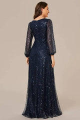 Robe Demoiselle D'Honneur Longue En Sequins Col V Manches Longues-