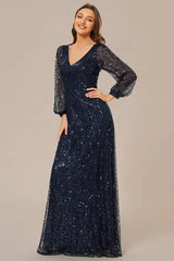 Robe Demoiselle D'Honneur Longue En Sequins Col V Manches Longues-