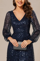 Robe Demoiselle D'Honneur Longue En Sequins Col V Manches Longues-