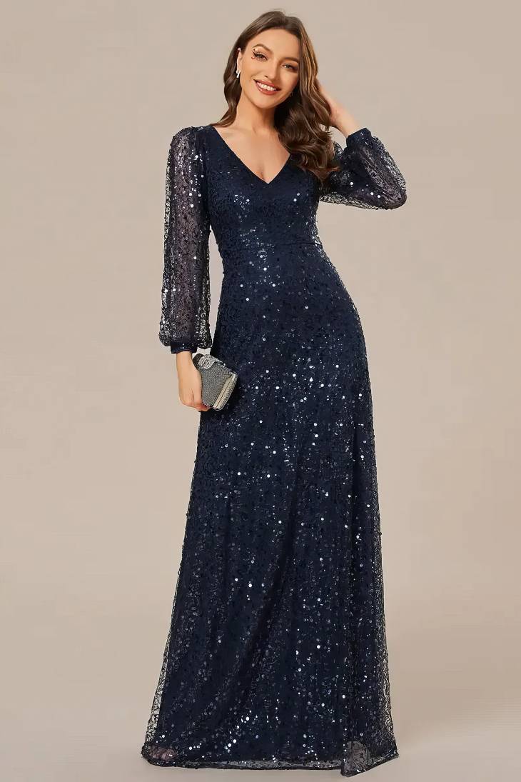 Robe Demoiselle D'Honneur Longue En Sequins Col V Manches Longues-Bleu Marine-36