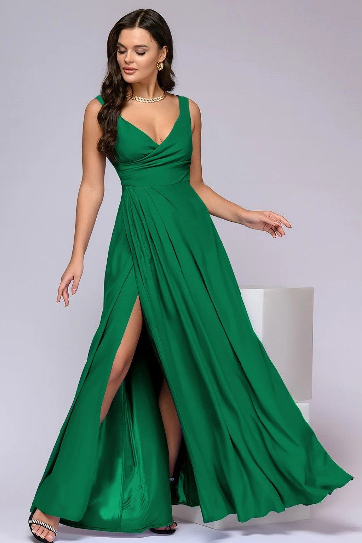 Robe Demoiselle D'Honneur Longue Fendue Décolleté En V Sans Manches-Vert-S (36-38)