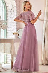 Robe Demoiselle D'Honneur Longue Feuilles Brillantes Jupe En Tulle Manches Courtes Transparentes-