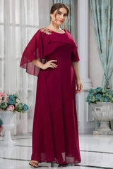 Robe Demoiselle D'Honneur Longue Grande Taille Empire Manches Cape Jupe Ample Col Rond-