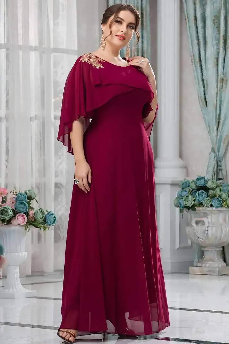 Robe Demoiselle D'Honneur Longue Grande Taille Empire Manches Cape Jupe Ample Col Rond-Bordeaux-L (44-46)