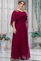 Robe Demoiselle D'Honneur Longue Grande Taille Empire Manches Cape Jupe Ample Col Rond-Bordeaux-L (44-46)