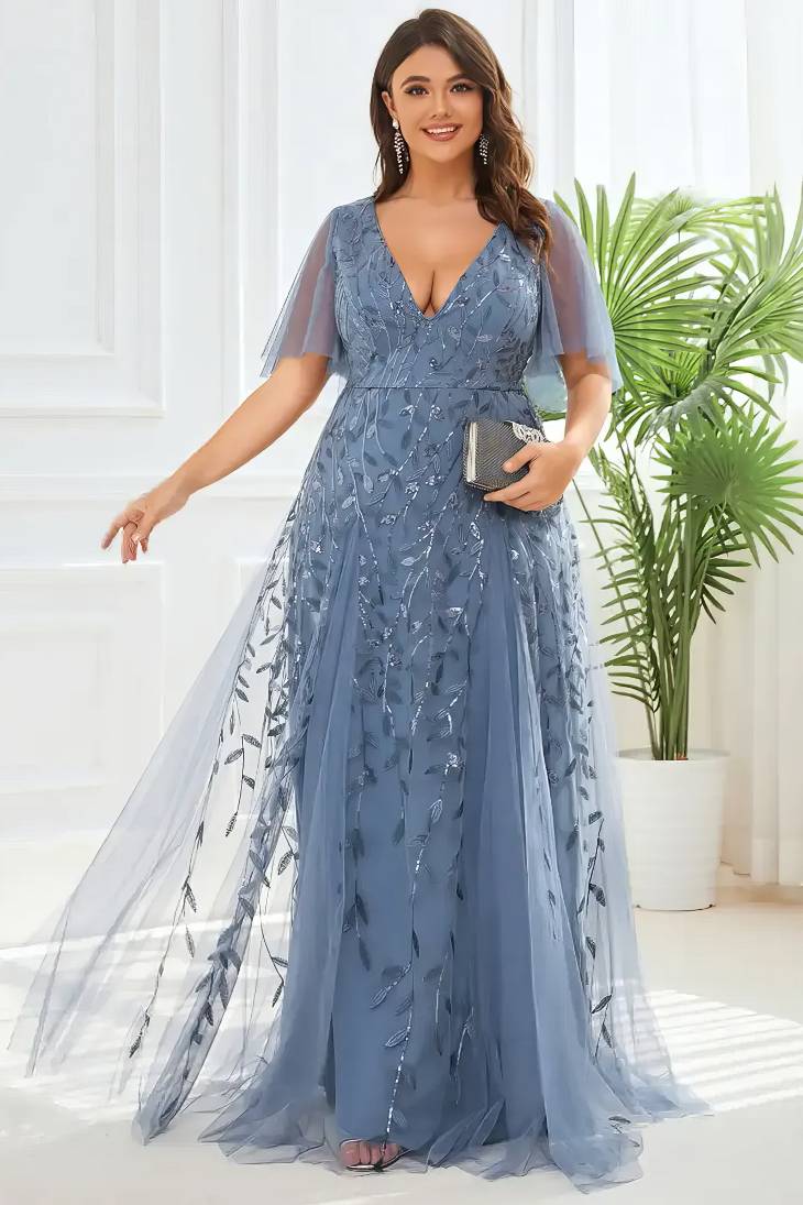 Robe Demoiselle D'Honneur Longue Grande Taille Manches En Tulles Courtes Larges Ligne A Col En V Motifs Feuilles-Bleu Gris-36