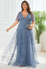 Robe Demoiselle D'Honneur Longue Grande Taille Manches En Tulles Courtes Larges Ligne A Col En V Motifs Feuilles-Bleu Gris-36