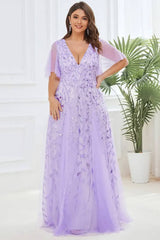 Robe Demoiselle D'Honneur Longue Grande Taille Manches En Tulles Courtes Larges Ligne A Col En V Motifs Feuilles-Lilas-36