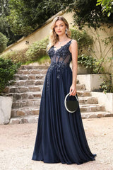 Robe Demoiselle D'Honneur Longue Ligne A Jupe Ample Col En V Bretelles Fines Dos Nu Corsage Fleuri-Bleu Marine-32