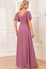 Robe Demoiselle D'Honneur Longue Mauve Fluide Mousseline De Soie Col En V Manches Cape-