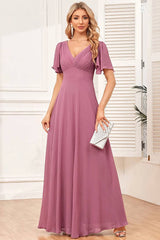 Robe Demoiselle D'Honneur Longue Mauve Fluide Mousseline De Soie Col En V Manches Cape-