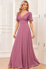 Robe Demoiselle D'Honneur Longue Mauve Fluide Mousseline De Soie Col En V Manches Cape-