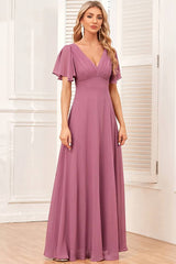 Robe Demoiselle D'Honneur Longue Mauve Fluide Mousseline De Soie Col En V Manches Cape-Mauve-XL (48-50)