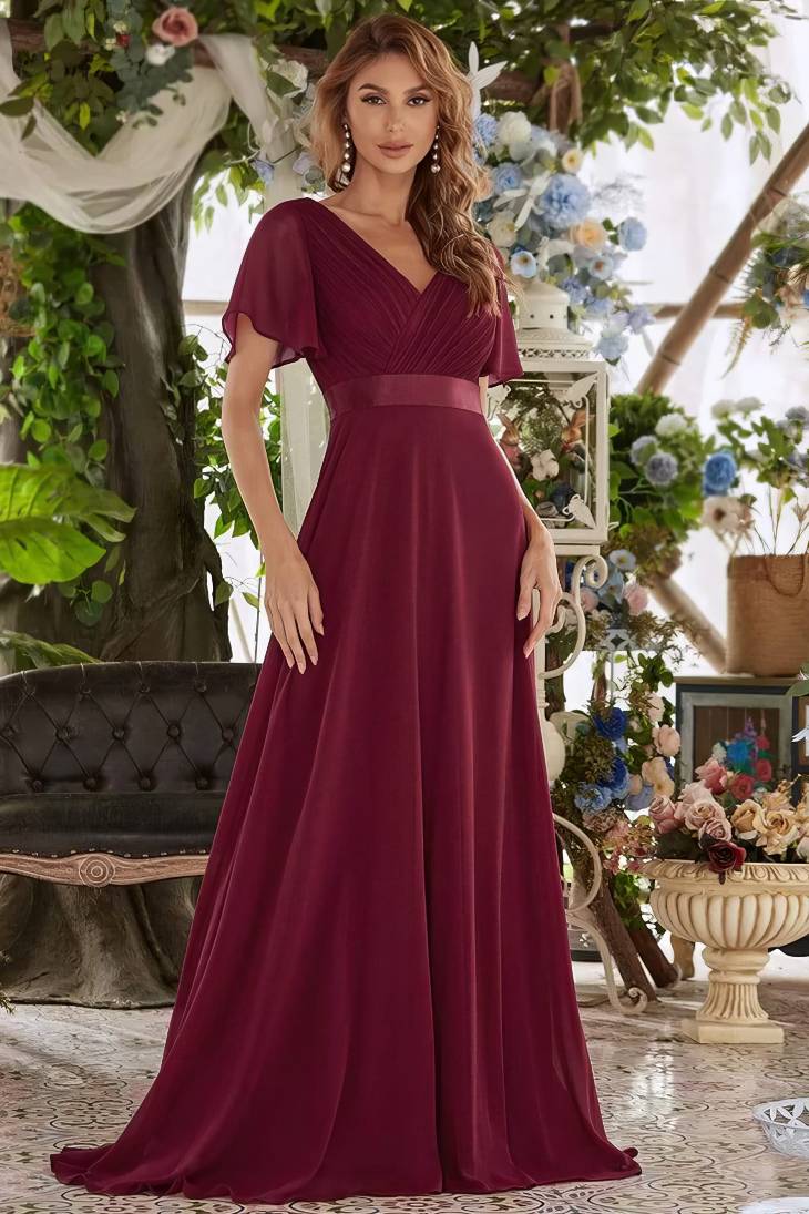 Manche Longue Robe Bordeau Ceremonie Robe De Cocktail Bordeau Robe