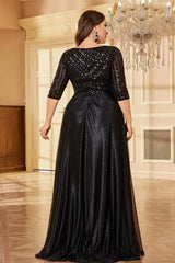 Robe Demoiselle D'Honneur Longue Noire Brillante Grande Taille Empire Col En V Manches 3/4-