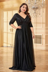 Robe Demoiselle D'Honneur Longue Noire Brillante Grande Taille Empire Col En V Manches 3/4-