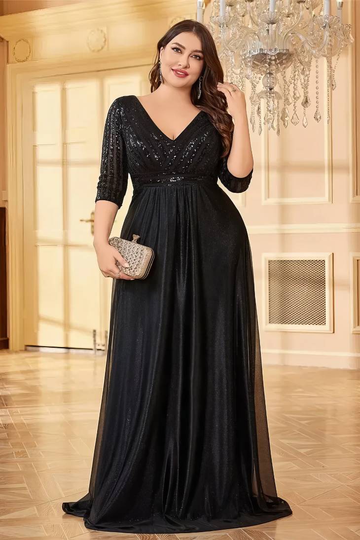 Robe Demoiselle D Honneur Longue Noire Brillante Grande Taille Empire Col En V Manches 3 4 Lunia Noir S 36 38