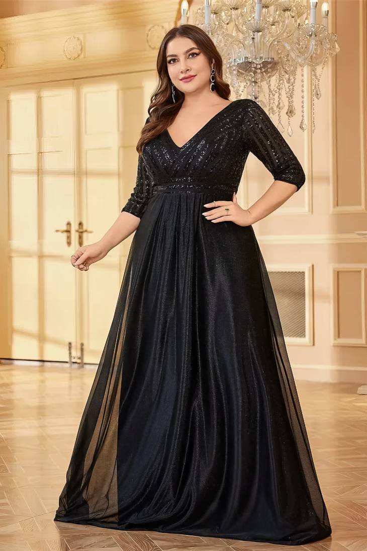 Robe Demoiselle D'Honneur Longue Noire Brillante Grande Taille Empire Col En V Manches 3/4-Noir-S (36-38)