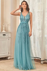 Robe Demoiselle D'Honneur Longue Tulle Broderie Florale Col En V Dos Nu Sans Manches-Bleu Poudré-36