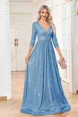 Robe Demoiselle D'Honneur Maxi Brillante À Paillettes Col En V Manches 3/4-Bleu Ciel-S (36-38)