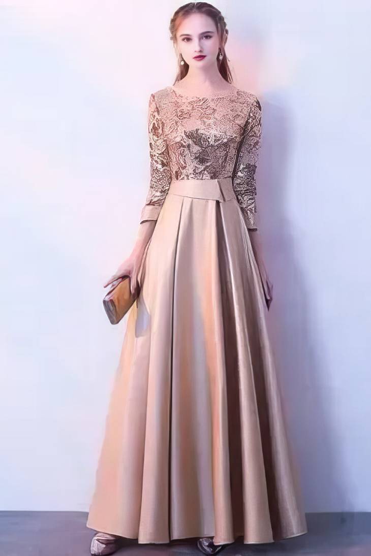 Robe Demoiselle D'Honneur Maxi Haut Brodé Manches 3/4-Rose Gold-32